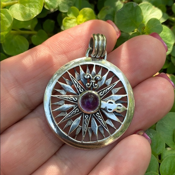 Celtic Fleur de Lis Compass Rose Amethyst Pendant - Picture 4 of 12